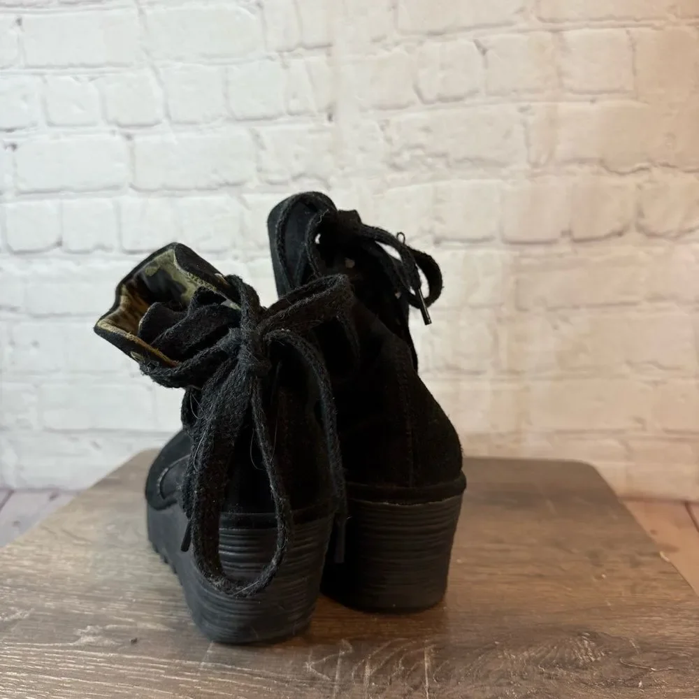 Fly London Yama Black Suede Wedge Ankle Boots size 41